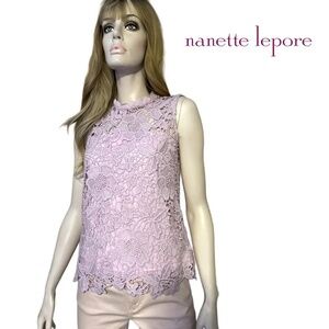 Nanette Lepore Fancy Blouse Embroidered Lace Lavender Sleeveless Bow Tie Detail
